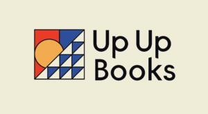 Blue, red, and yellow geometric logo that reads 'Up Up Books'